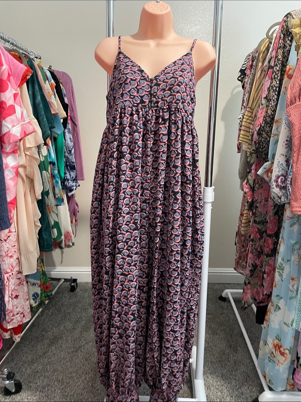 Printed Spaghetti Strap Jumpsuit in Navy and Pink with pockets